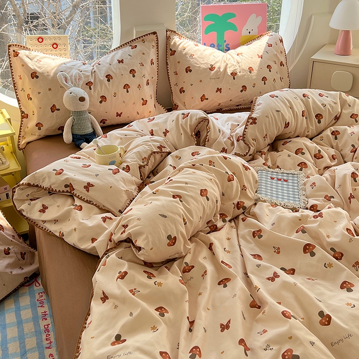 91家纺网 家纺一手货源 找家纺 思诺羽床笠 2025新款亲肤棉贝壳花边四件套 贝壳边-小蘑菇