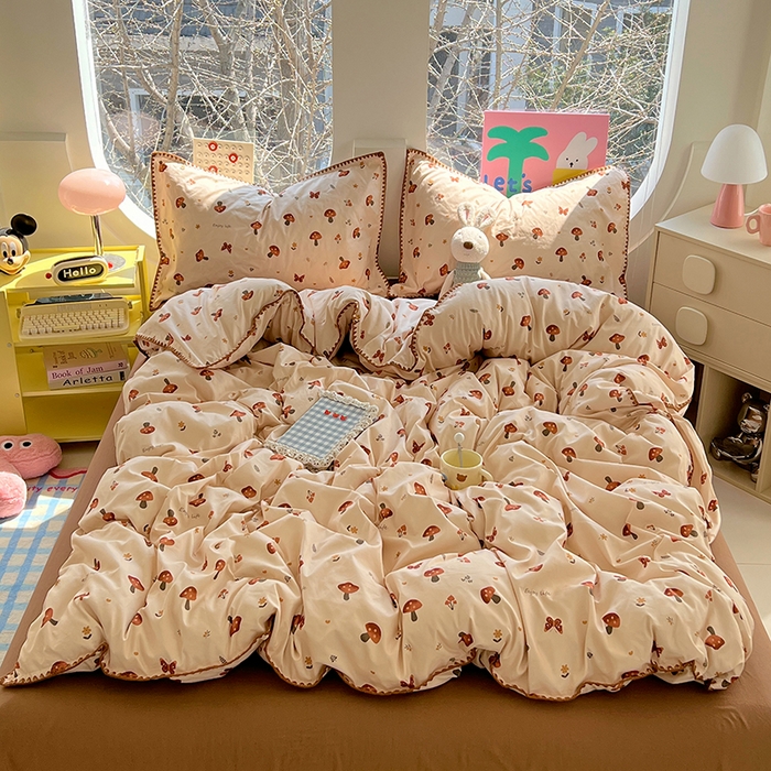 91家纺网 家纺一手货源 找家纺 思诺羽床笠 2025新款亲肤棉贝壳花边四件套 贝壳边-小蘑菇