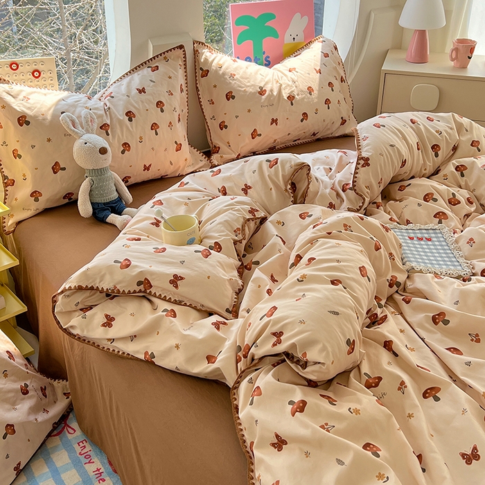 91家纺网 家纺一手货源 找家纺 思诺羽床笠 2025新款亲肤棉贝壳花边四件套 贝壳边-小蘑菇