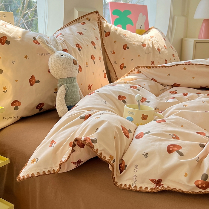 91家纺网 家纺一手货源 找家纺 思诺羽床笠 2025新款亲肤棉贝壳花边四件套 贝壳边-小蘑菇