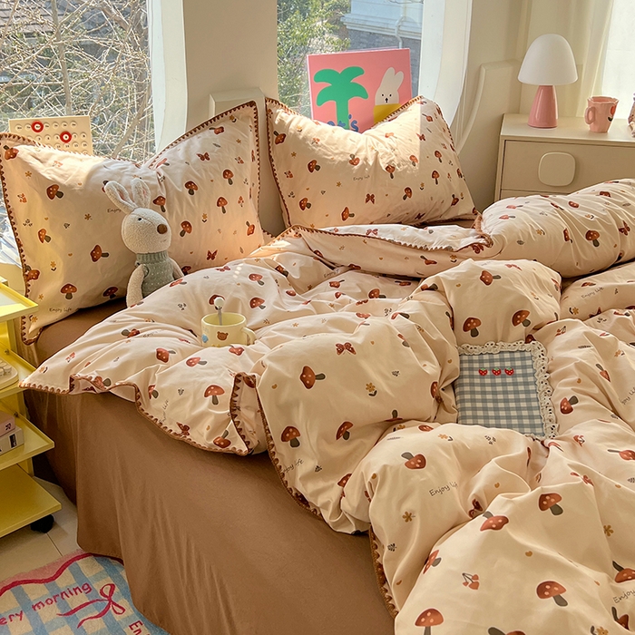 91家纺网 家纺一手货源 找家纺 思诺羽床笠 2025新款亲肤棉贝壳花边四件套 贝壳边-小蘑菇