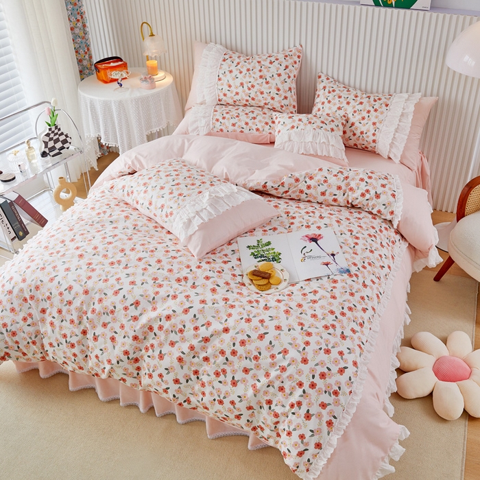 91家纺网 家纺一手货源 找家纺 亲亲公主 2025全棉蕾丝花边床裙公主风四件套 甜心花园-粉色