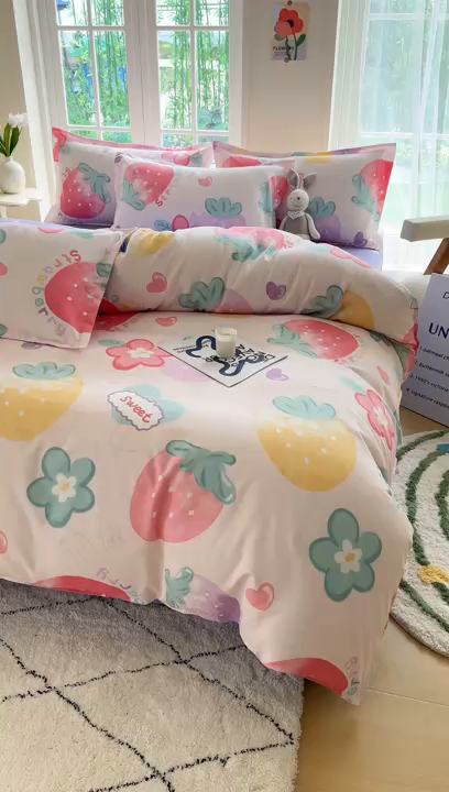 91家纺网 家纺一手货源 找家纺 正莱欣 2025新品加厚生态棉磨毛四件套高克重植物羊绒床单款床笠款四件套大量现货 草莓果果