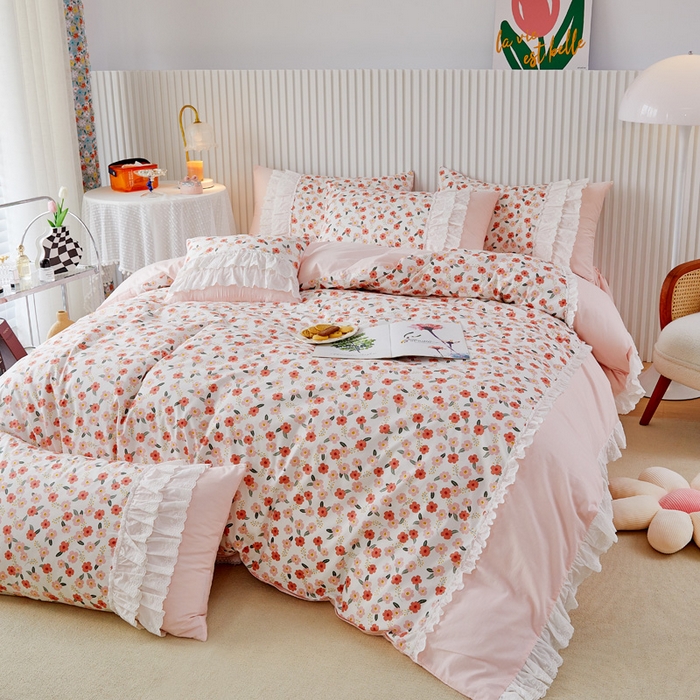 91家纺网 家纺一手货源 找家纺 亲亲公主 2025全棉蕾丝花边床裙公主风四件套 甜心花园-粉色