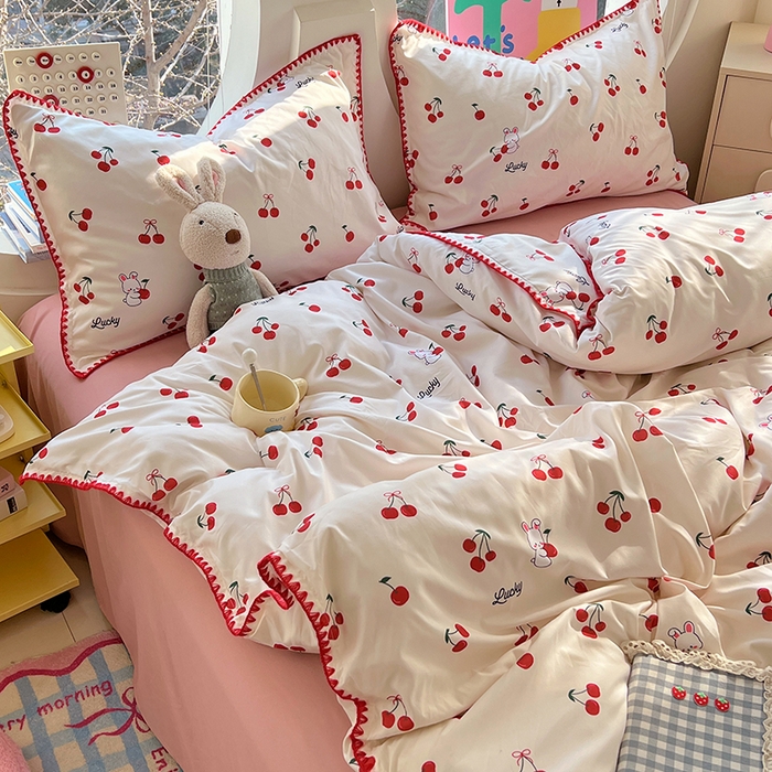 91家纺网 家纺一手货源 找家纺 思诺羽床笠 2025新款亲肤棉贝壳花边四件套 贝壳边-樱桃红