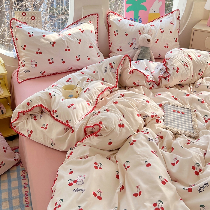 91家纺网 家纺一手货源 找家纺 思诺羽床笠 2025新款亲肤棉贝壳花边四件套 贝壳边-樱桃红