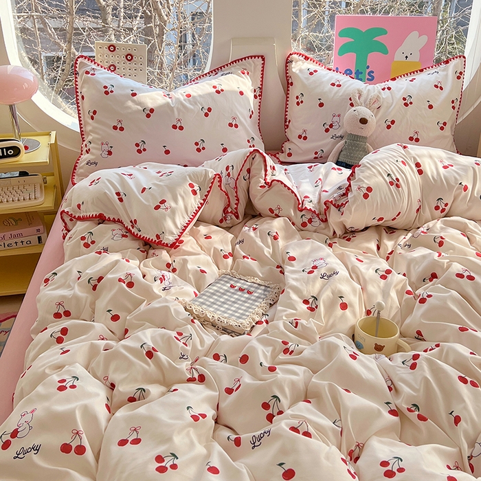 91家纺网 家纺一手货源 找家纺 思诺羽床笠 2025新款亲肤棉贝壳花边四件套 贝壳边-樱桃红