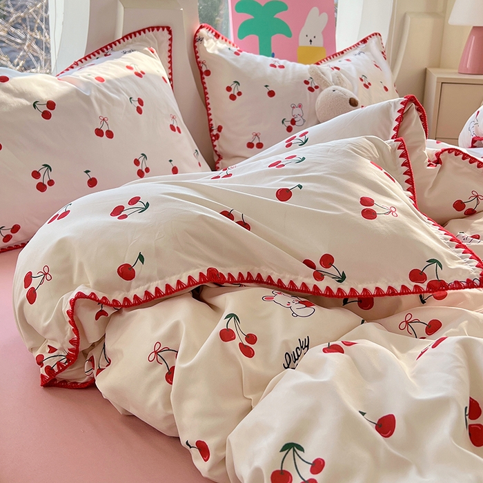 91家纺网 家纺一手货源 找家纺 思诺羽床笠 2025新款亲肤棉贝壳花边四件套 贝壳边-樱桃红