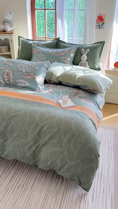 91家纺网 家纺一手货源 找家纺 正莱欣 2025新品加厚生态棉磨毛四件套高克重植物羊绒床单款床笠款四件套大量现货 简叶-绿