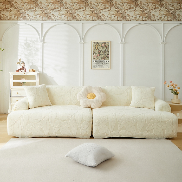 91家纺网 家纺一手货源 找家纺 丝绮鹿 2025新款富贵叶系列-沙发套松紧款（组合沙发图） 米白