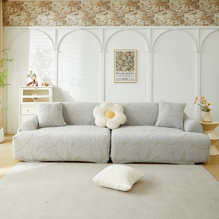 91家纺网 家纺一手货源 找家纺 丝绮鹿 2025新款富贵叶系列-沙发套松紧款（组合沙发图） 浅灰