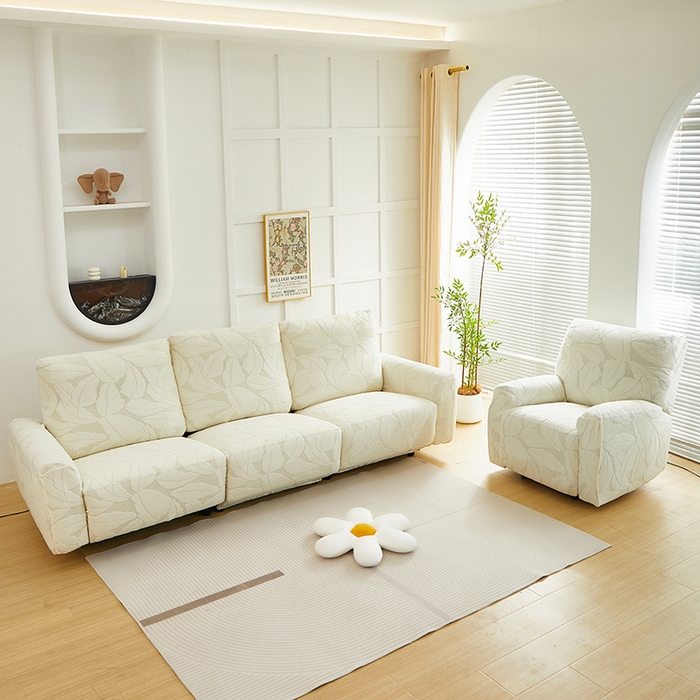 91家纺网 家纺一手货源 找家纺 丝绮鹿 2025新款富贵叶系列-芝华士沙发套 米白