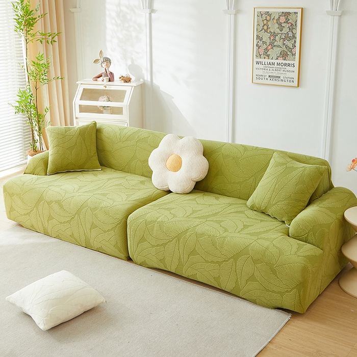 91家纺网 家纺一手货源 找家纺 丝绮鹿 2025新款富贵叶系列-沙发套松紧款（组合沙发图） 橄榄绿