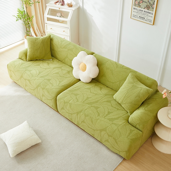 91家纺网 家纺一手货源 找家纺 丝绮鹿 2025新款富贵叶系列-沙发套松紧款（组合沙发图） 橄榄绿