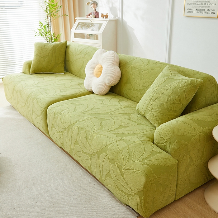 91家纺网 家纺一手货源 找家纺 丝绮鹿 2025新款富贵叶系列-沙发套松紧款（组合沙发图） 橄榄绿