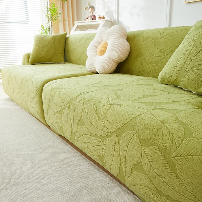 91家纺网 家纺一手货源 找家纺 丝绮鹿 2025新款富贵叶系列-沙发套松紧款（组合沙发图） 橄榄绿