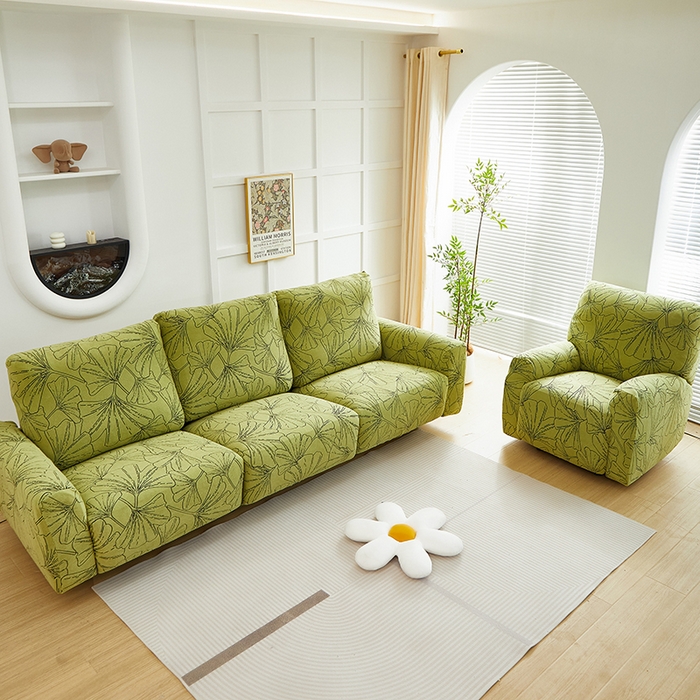 91家纺网 家纺一手货源 找家纺 丝绮鹿 2025新款银杏叶系列-芝华士沙发套 橄榄绿