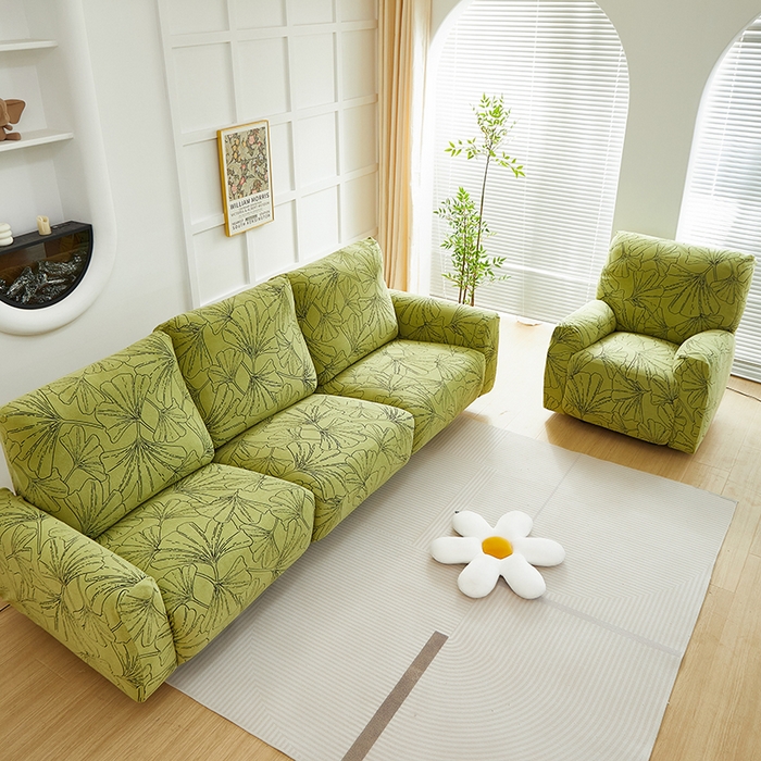 91家纺网 家纺一手货源 找家纺 丝绮鹿 2025新款银杏叶系列-芝华士沙发套 橄榄绿