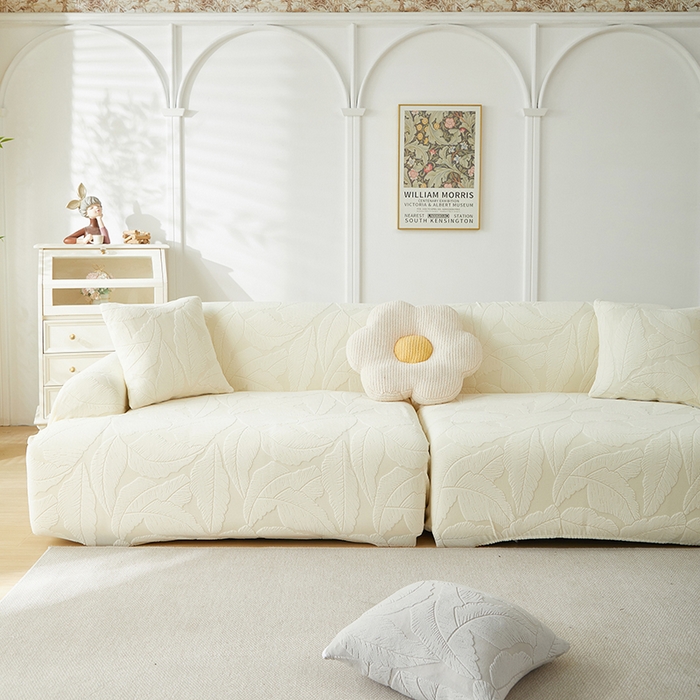 91家纺网 家纺一手货源 找家纺 丝绮鹿 2025新款富贵叶系列-沙发套松紧款（组合沙发图） 米白