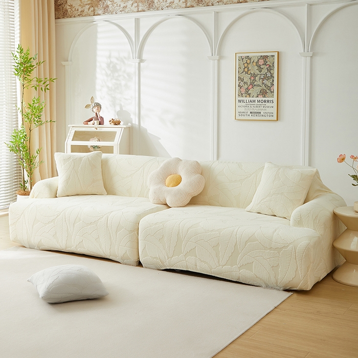 91家纺网 家纺一手货源 找家纺 丝绮鹿 2025新款富贵叶系列-沙发套松紧款（组合沙发图） 米白