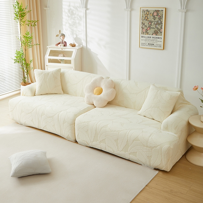 91家纺网 家纺一手货源 找家纺 丝绮鹿 2025新款富贵叶系列-沙发套松紧款（组合沙发图） 米白