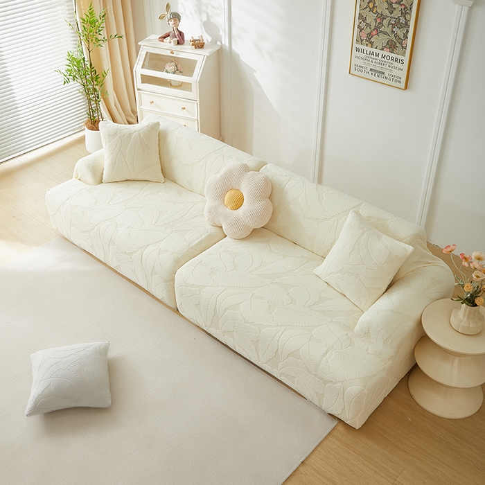 91家纺网 家纺一手货源 找家纺 丝绮鹿 2025新款富贵叶系列-沙发套松紧款（组合沙发图） 米白