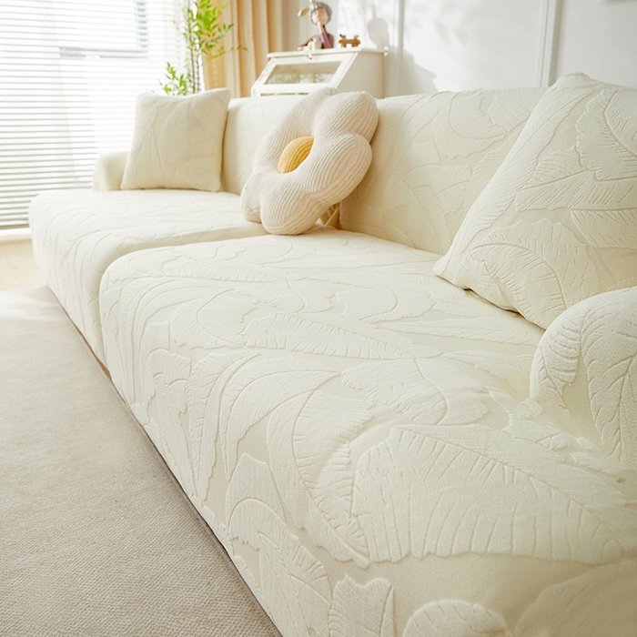 91家纺网 家纺一手货源 找家纺 丝绮鹿 2025新款富贵叶系列-沙发套松紧款（组合沙发图） 米白