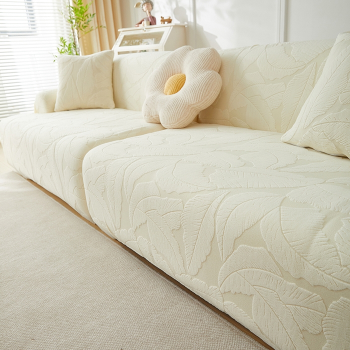 91家纺网 家纺一手货源 找家纺 丝绮鹿 2025新款富贵叶系列-沙发套松紧款（组合沙发图） 米白