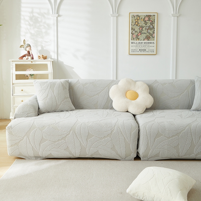 91家纺网 家纺一手货源 找家纺 丝绮鹿 2025新款富贵叶系列-沙发套松紧款（组合沙发图） 浅灰