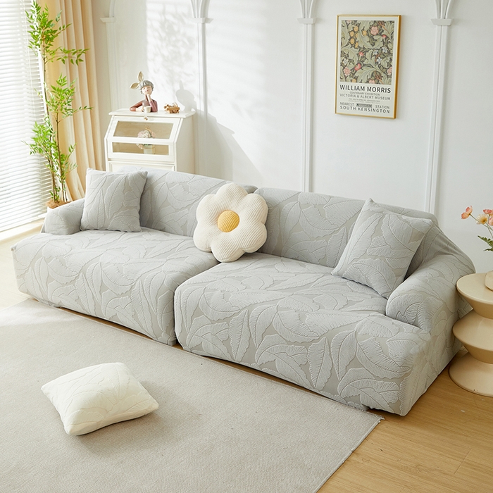 91家纺网 家纺一手货源 找家纺 丝绮鹿 2025新款富贵叶系列-沙发套松紧款（组合沙发图） 浅灰