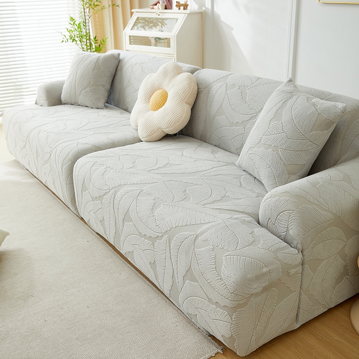 91家纺网 家纺一手货源 找家纺 丝绮鹿 2025新款富贵叶系列-沙发套松紧款（组合沙发图） 浅灰