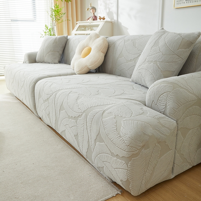 91家纺网 家纺一手货源 找家纺 丝绮鹿 2025新款富贵叶系列-沙发套松紧款（组合沙发图） 浅灰