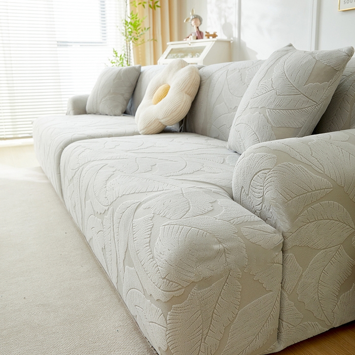 91家纺网 家纺一手货源 找家纺 丝绮鹿 2025新款富贵叶系列-沙发套松紧款（组合沙发图） 浅灰