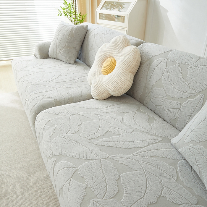 91家纺网 家纺一手货源 找家纺 丝绮鹿 2025新款富贵叶系列-沙发套松紧款（组合沙发图） 浅灰