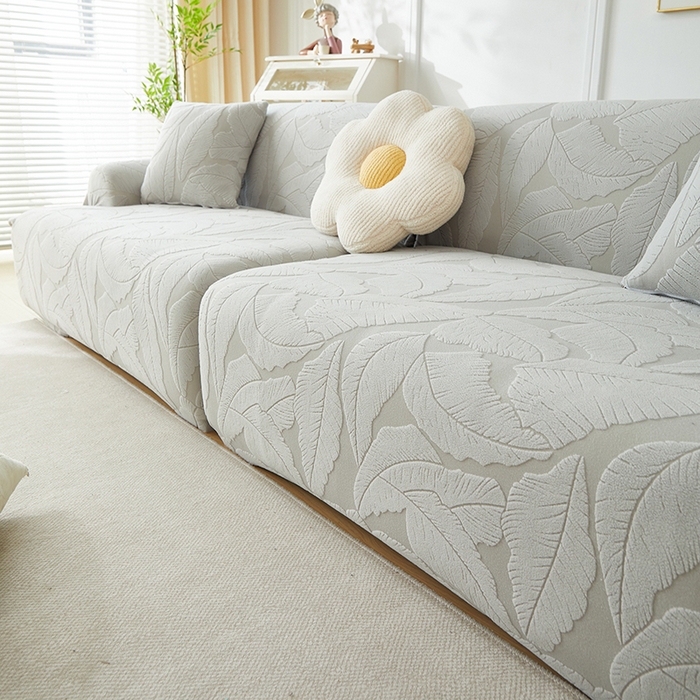 91家纺网 家纺一手货源 找家纺 丝绮鹿 2025新款富贵叶系列-沙发套松紧款（组合沙发图） 浅灰