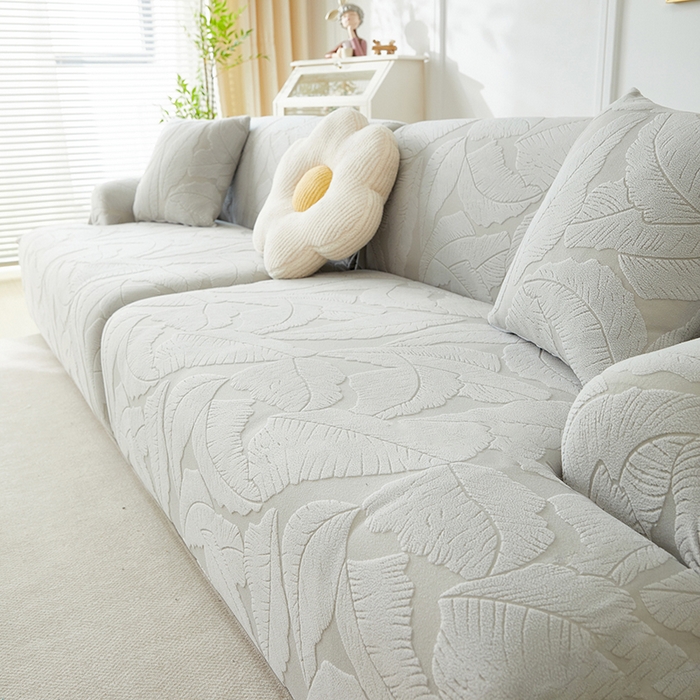 91家纺网 家纺一手货源 找家纺 丝绮鹿 2025新款富贵叶系列-沙发套松紧款（组合沙发图） 浅灰