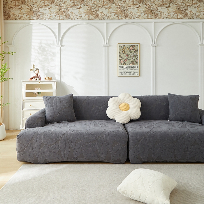 91家纺网 家纺一手货源 找家纺 丝绮鹿 2025新款富贵叶系列-沙发套松紧款（组合沙发图） 深灰