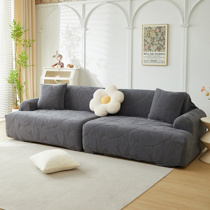 91家纺网 家纺一手货源 找家纺 丝绮鹿 2025新款富贵叶系列-沙发套松紧款（组合沙发图） 深灰