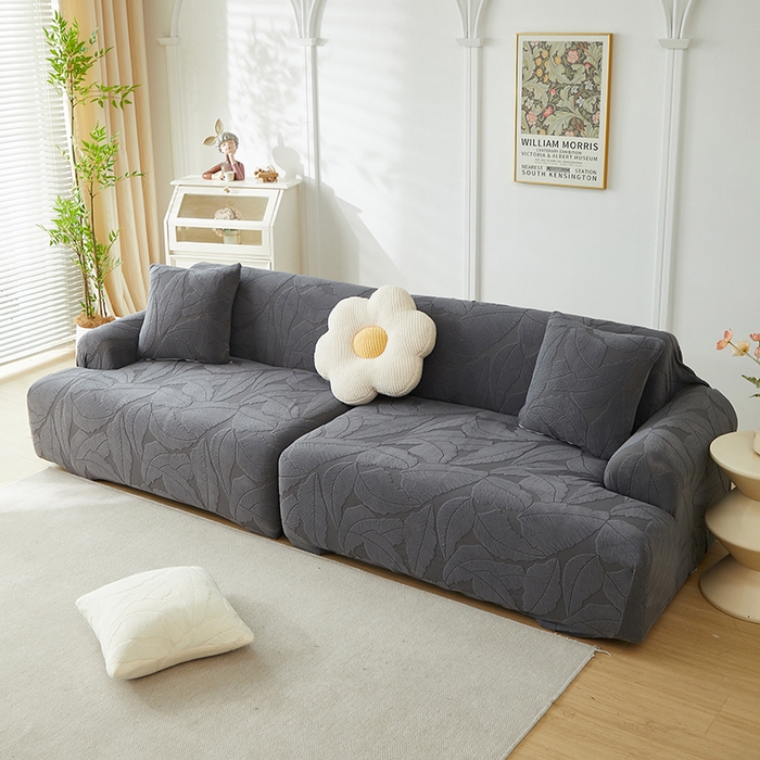 91家纺网 家纺一手货源 找家纺 丝绮鹿 2025新款富贵叶系列-沙发套松紧款（组合沙发图） 深灰