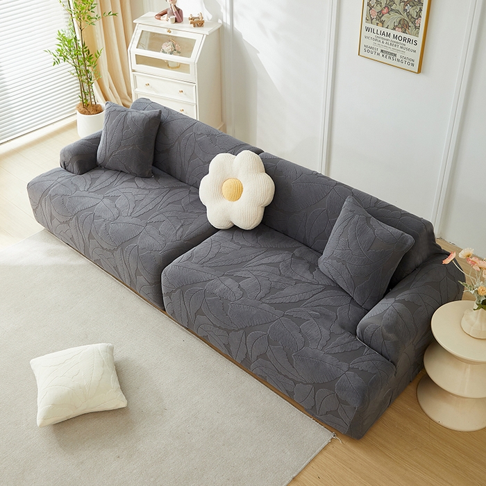 91家纺网 家纺一手货源 找家纺 丝绮鹿 2025新款富贵叶系列-沙发套松紧款（组合沙发图） 深灰