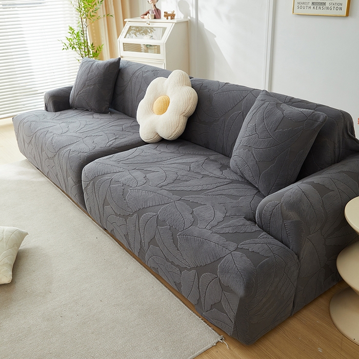 91家纺网 家纺一手货源 找家纺 丝绮鹿 2025新款富贵叶系列-沙发套松紧款（组合沙发图） 深灰