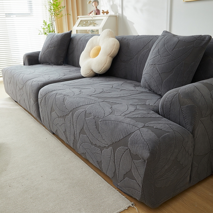91家纺网 家纺一手货源 找家纺 丝绮鹿 2025新款富贵叶系列-沙发套松紧款（组合沙发图） 深灰
