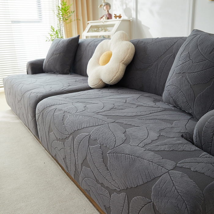 91家纺网 家纺一手货源 找家纺 丝绮鹿 2025新款富贵叶系列-沙发套松紧款（组合沙发图） 深灰