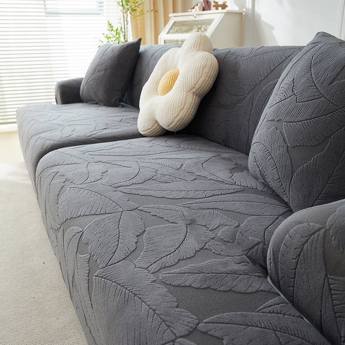 91家纺网 家纺一手货源 找家纺 丝绮鹿 2025新款富贵叶系列-沙发套松紧款（组合沙发图） 深灰