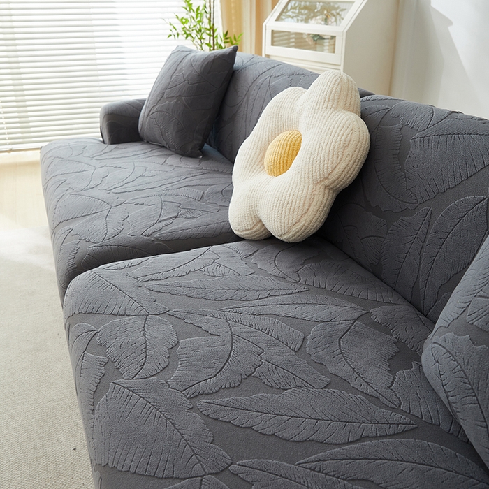 91家纺网 家纺一手货源 找家纺 丝绮鹿 2025新款富贵叶系列-沙发套松紧款（组合沙发图） 深灰