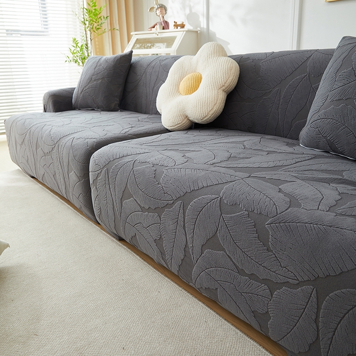 91家纺网 家纺一手货源 找家纺 丝绮鹿 2025新款富贵叶系列-沙发套松紧款（组合沙发图） 深灰