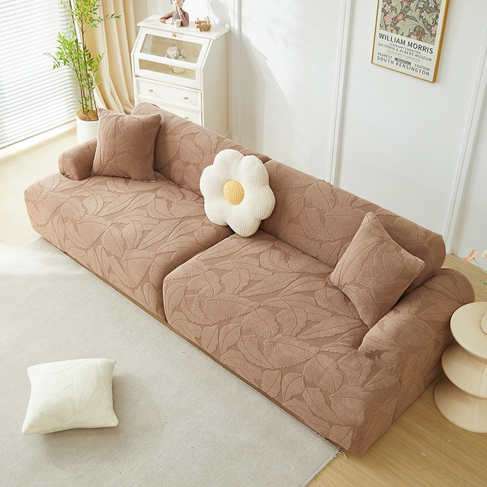 91家纺网 家纺一手货源 找家纺 丝绮鹿 2025新款富贵叶系列-沙发套松紧款（组合沙发图） 时尚咖