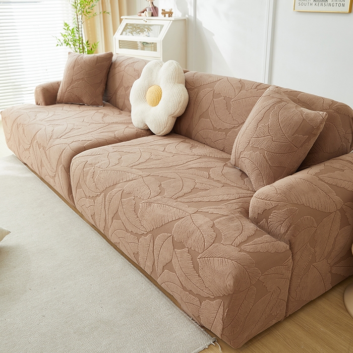 91家纺网 家纺一手货源 找家纺 丝绮鹿 2025新款富贵叶系列-沙发套松紧款（组合沙发图） 时尚咖