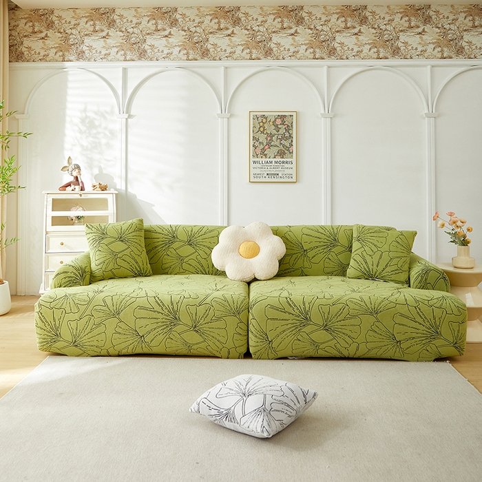 91家纺网 家纺一手货源 找家纺 （总）丝绮鹿 2025新款银杏叶系列-沙发套松紧款（组合沙发图）
