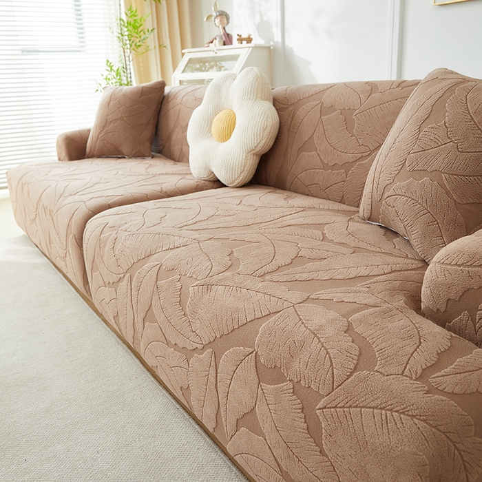 91家纺网 家纺一手货源 找家纺 丝绮鹿 2025新款富贵叶系列-沙发套松紧款（组合沙发图） 时尚咖